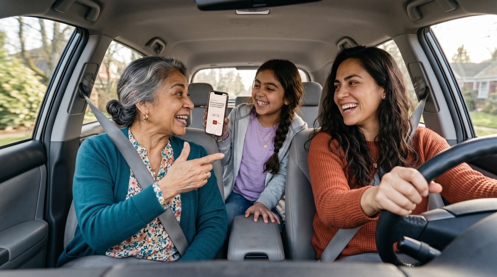 Women telling a story together in a car
