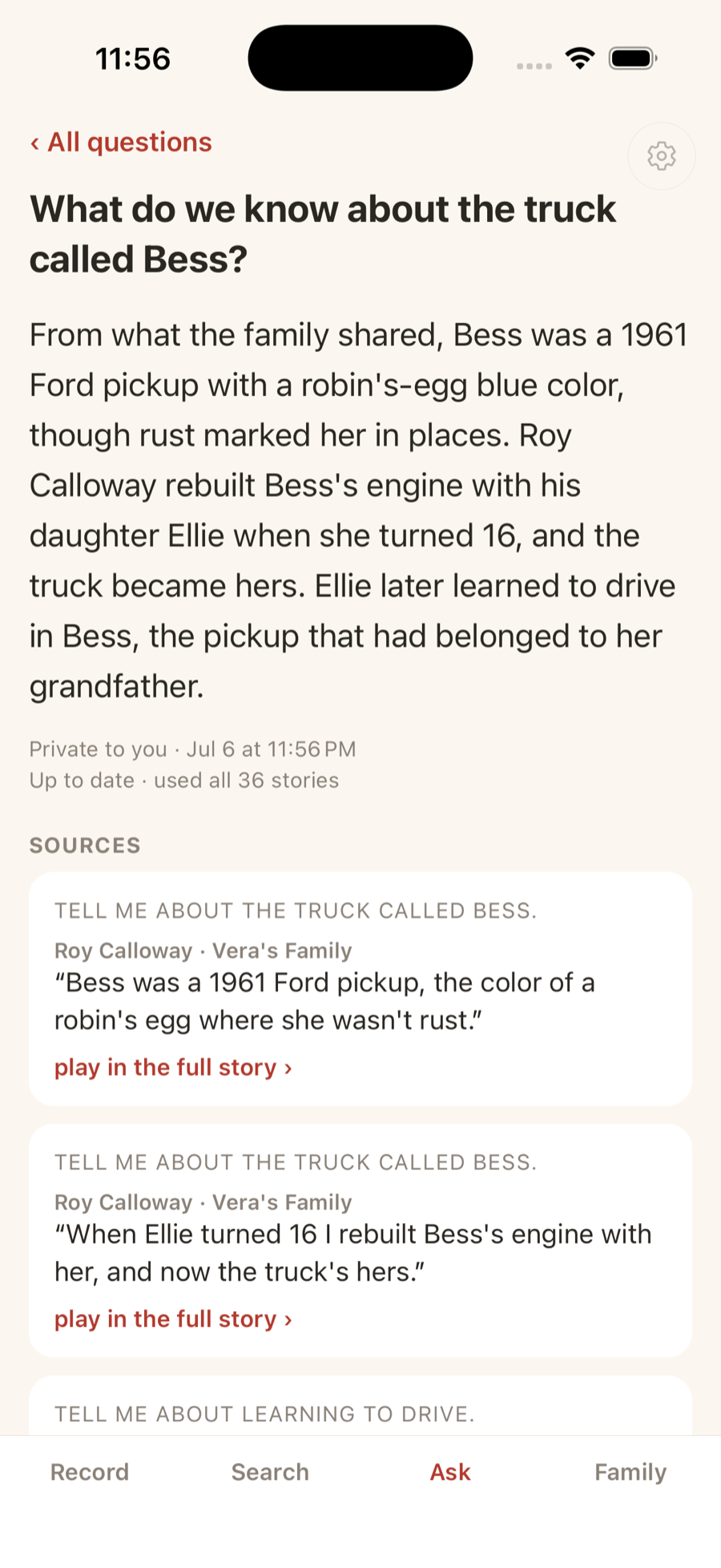Ask screen: the question What do we know about the truck called Bess, answered in the family's own words with SOURCES cards quoting each story and play in the full story links