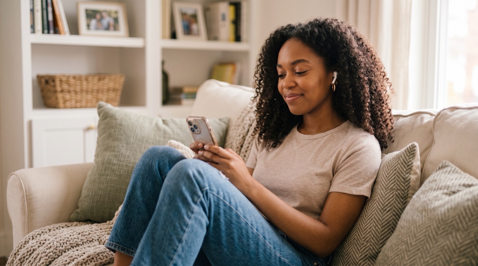 A woman listening to a story on her phone
