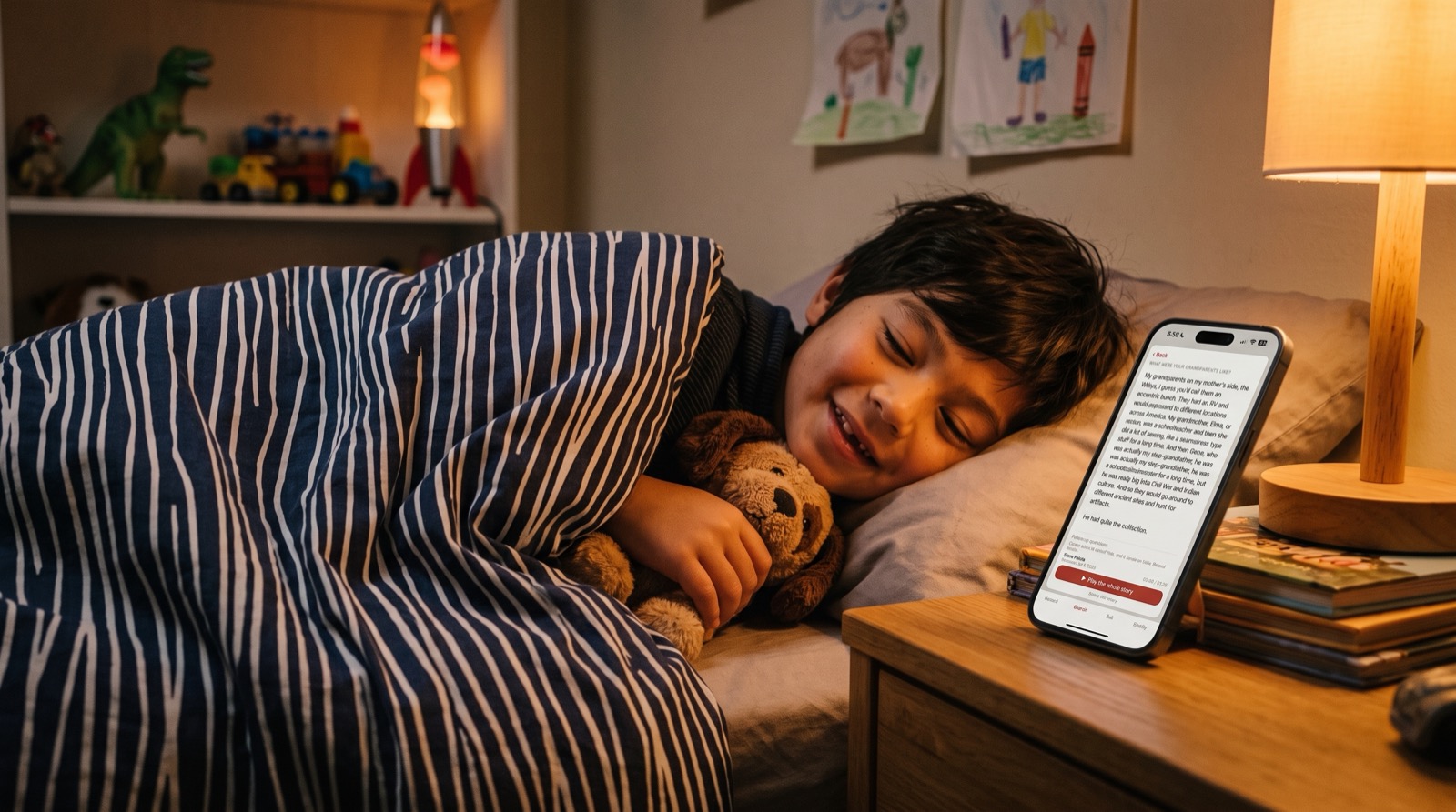 A boy at bedtime listening to a story on the nightstand phone