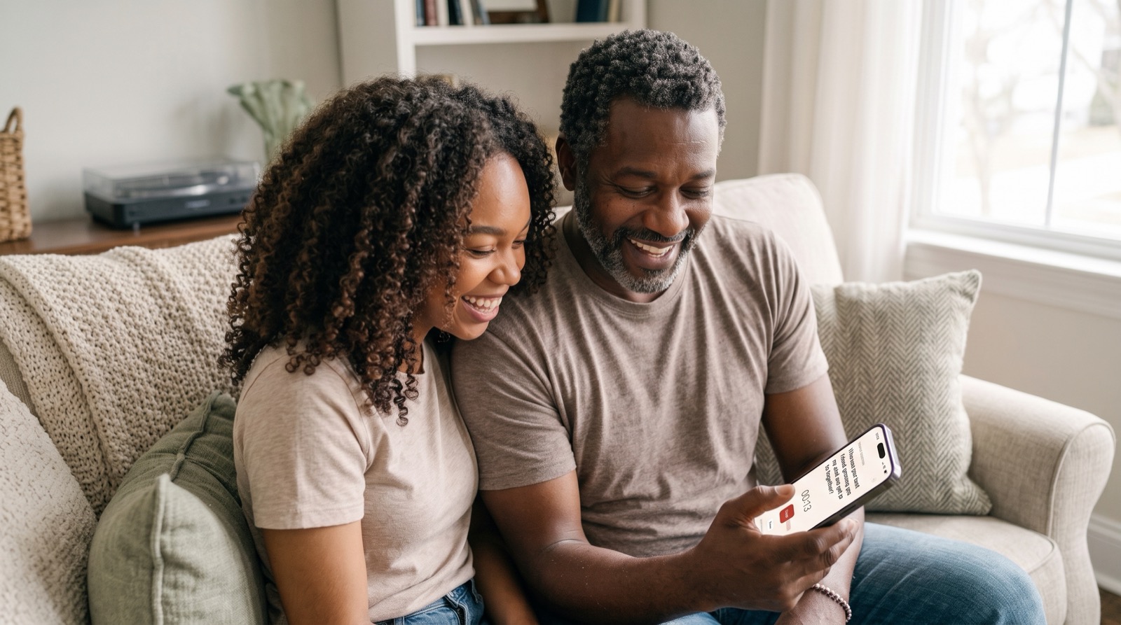 An adult daughter and her father laughing together