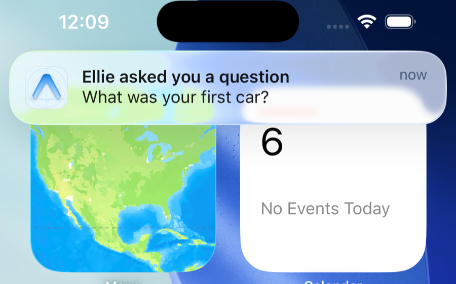 iOS notification banner: Ellie asked you a question, What was your first car?