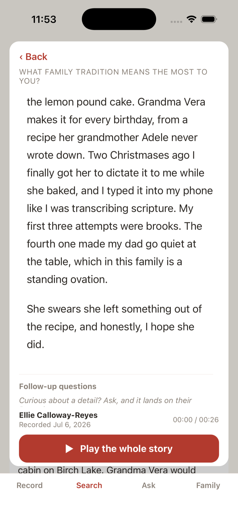 Story screen: transcript with storyteller attribution and a red Play the whole story button